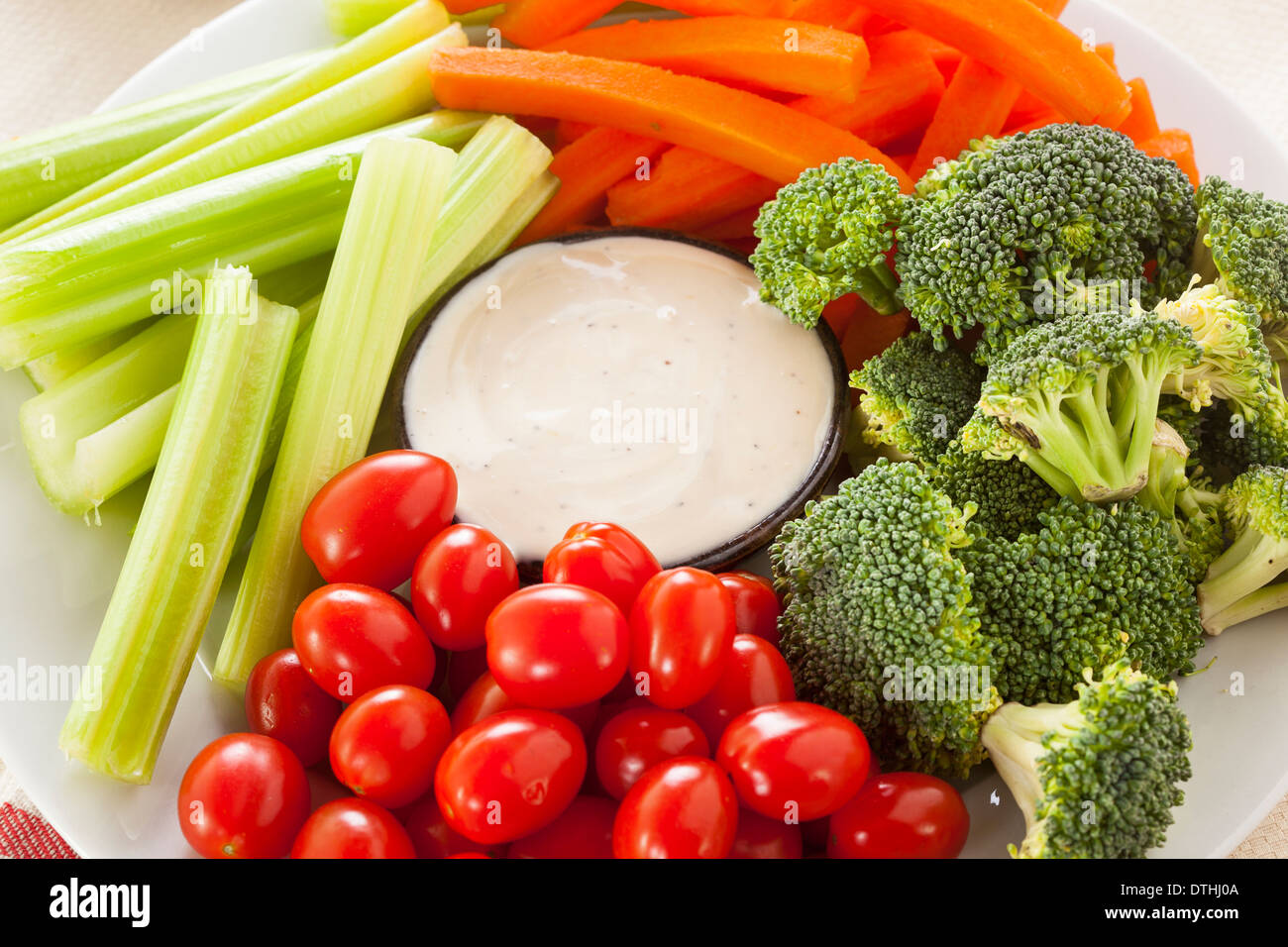 Organic Raw Vegetables with Ranch Dip with Tomatoes, Celery, Brocolli