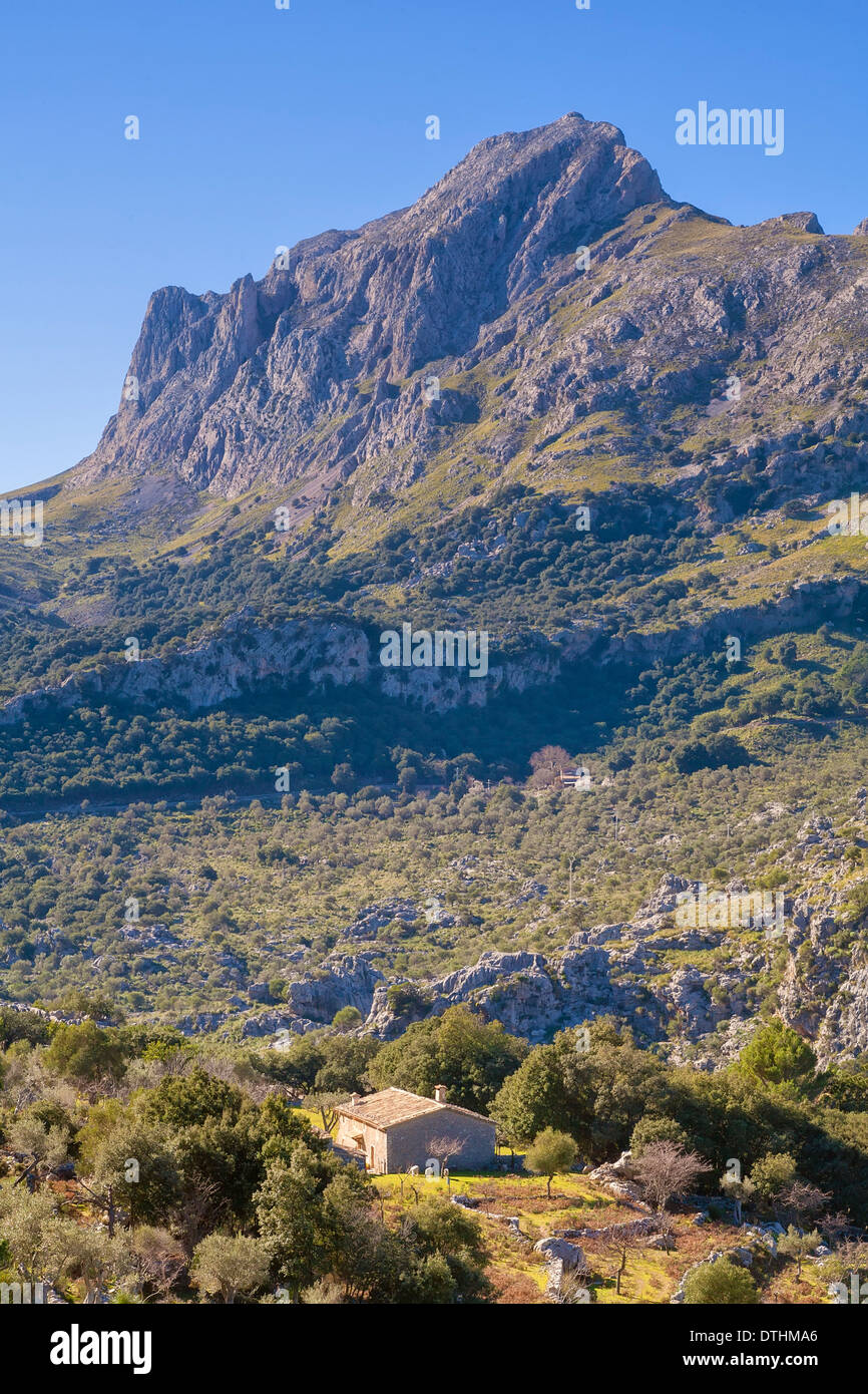 Puig Major peak and Casa Nova des Garaus rural estate. Tramuntana mountains. Escorca area. Majorca, Balearic islands, Spain Stock Photo