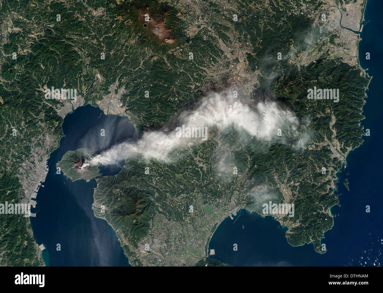 Sakura-jima volcano emitted a dense plume of ash over the Japanese island of Kyushu on November 23, 2013. Stock Photo