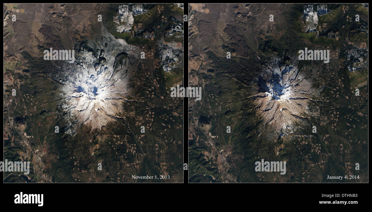 Lack of snow on California's Mt. Shasta as seen in these before/after