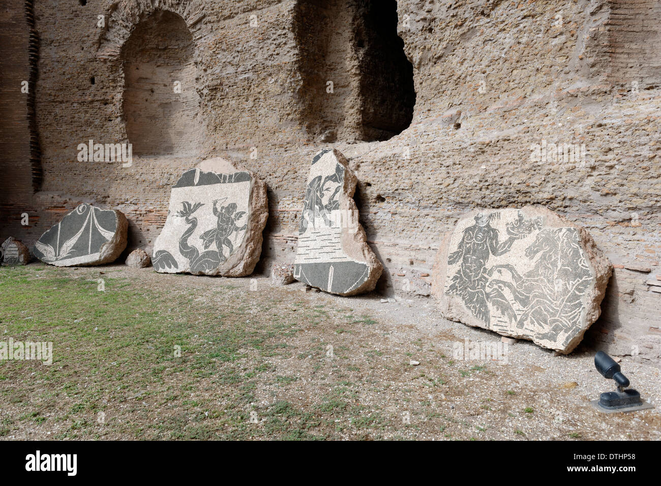 Some marine themed mosaics lining wall in frigidarium central hall Baths Caracalla Rome Italy Baths of Stock Photo