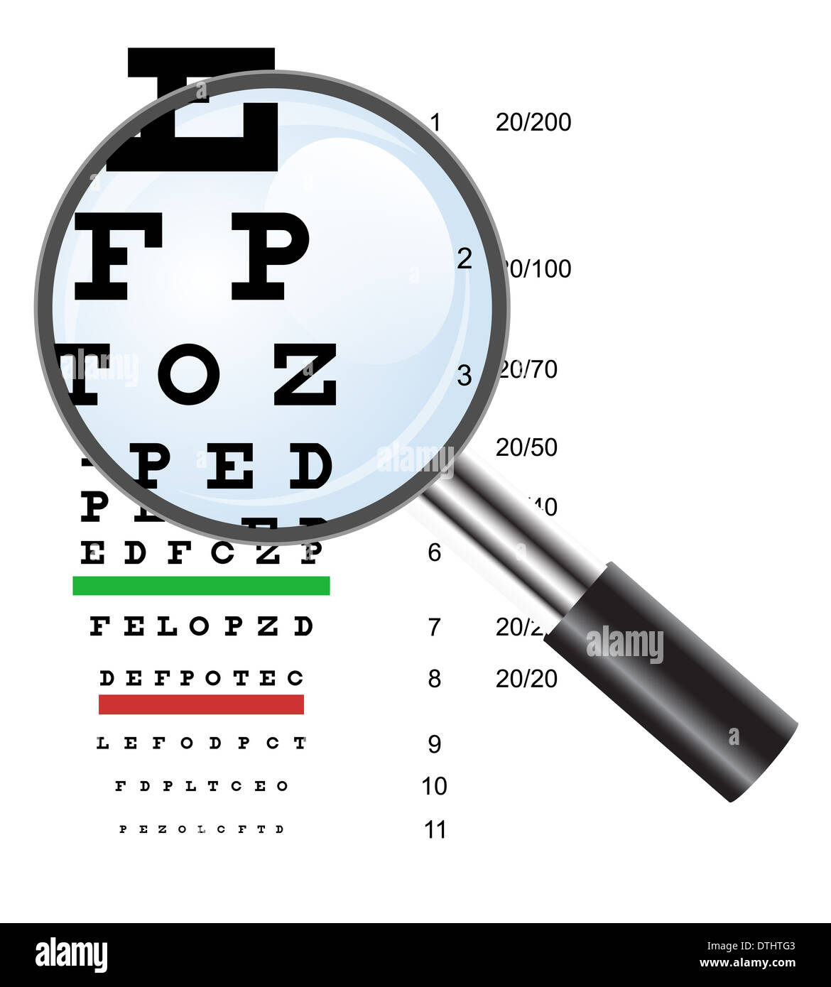 Eye test chart use by doctors and loupe. Vector illustration Stock