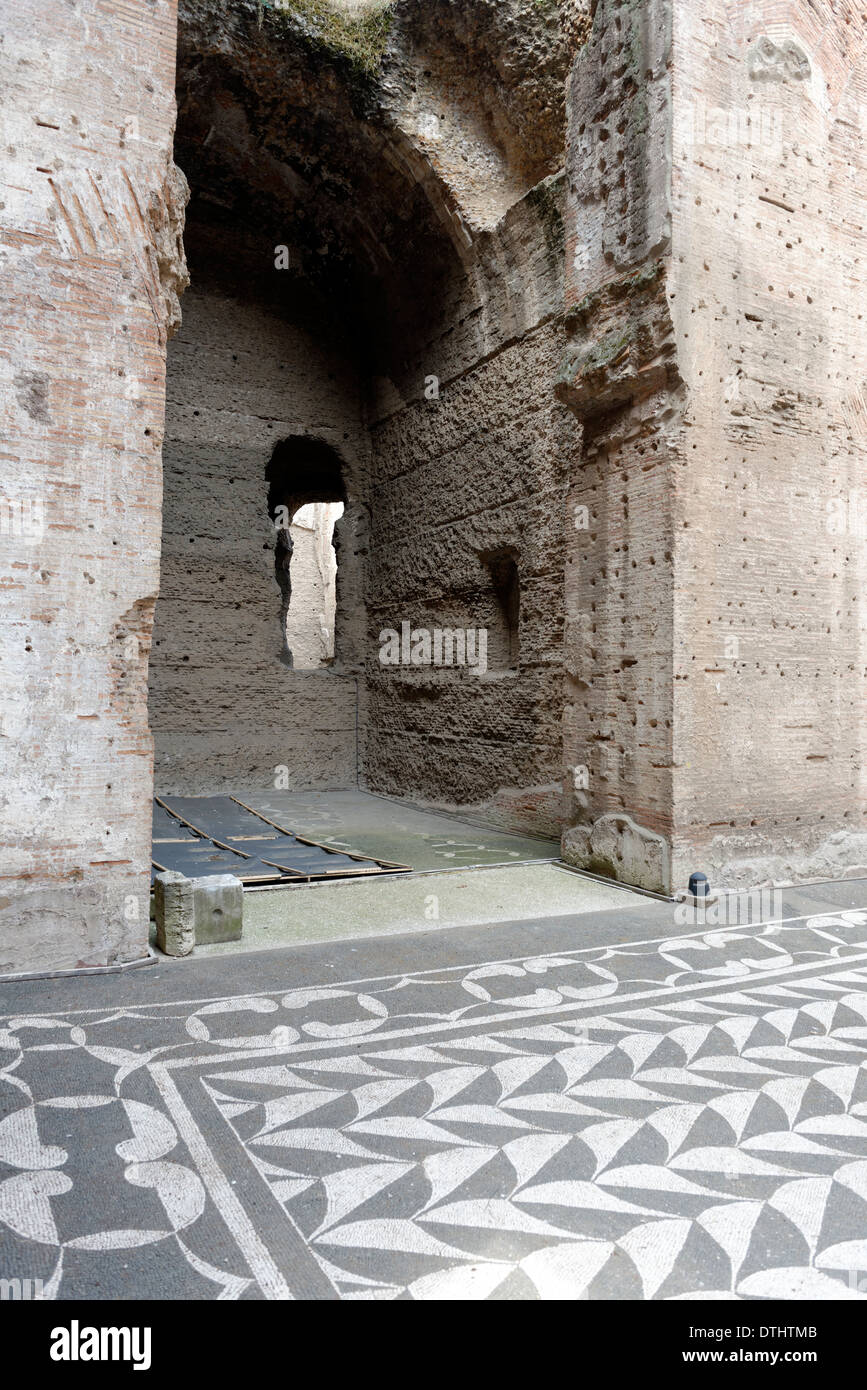 View mosaic floor tiled western apodyterium (dressing room) Baths Caracalla Rome Italy Baths Caracalla Stock Photo