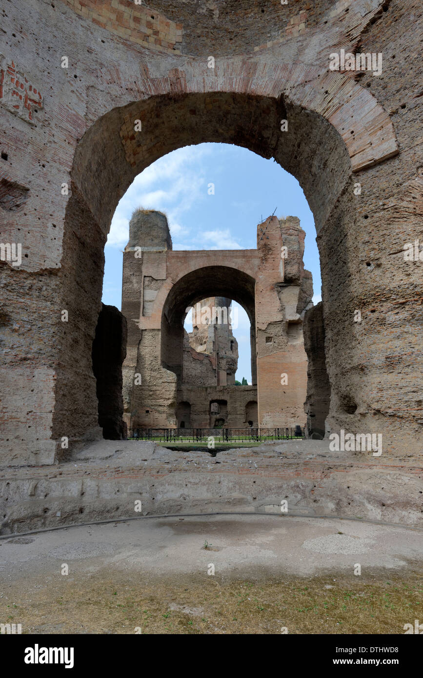 View ruin buildings from within Natatorium or swimming pool at north end Baths Caracalla Rome Italy Baths of Stock Photo