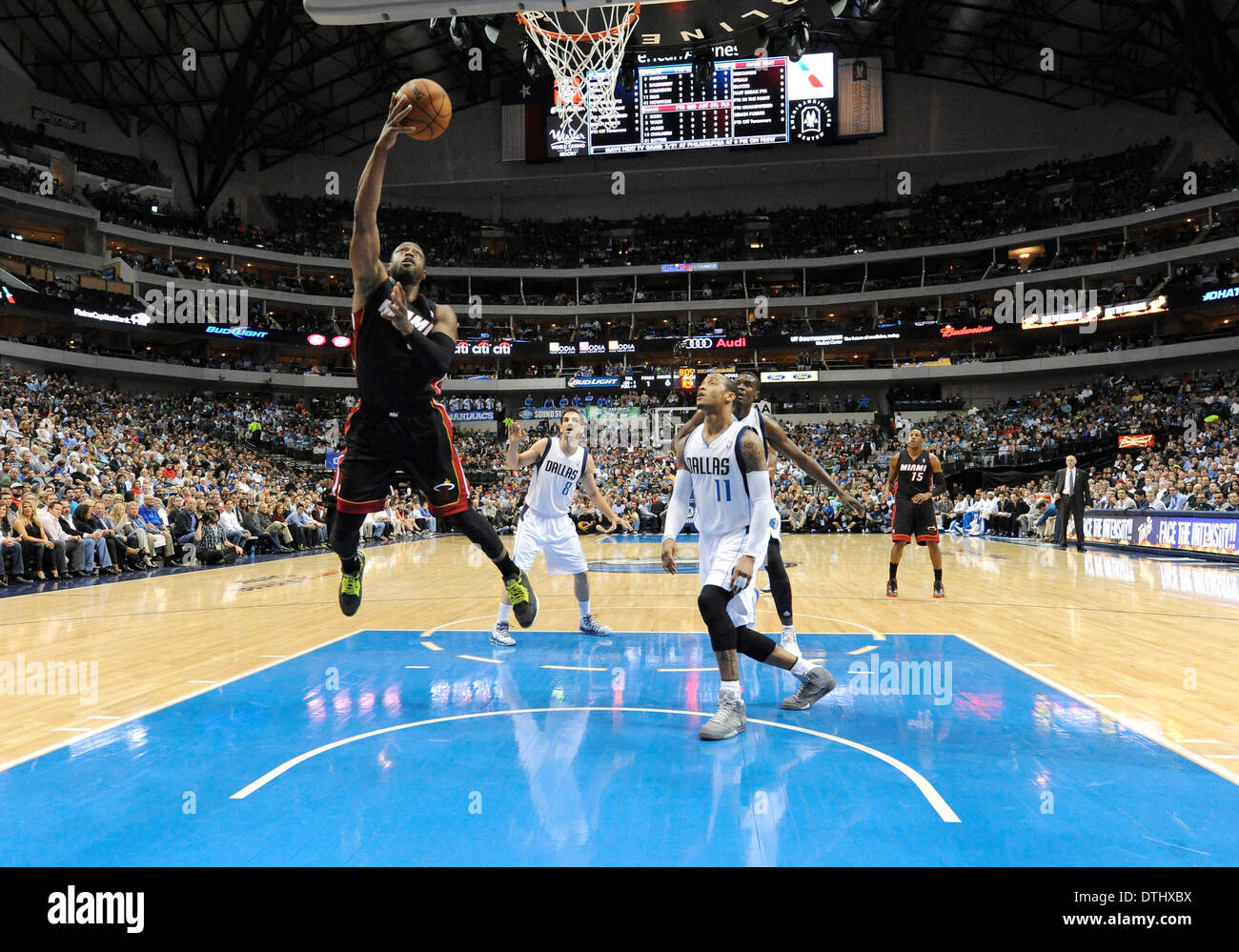 Dallas, TX, USA . 18th Feb, 2014. Miami Heat shooting guard Dwyane Wade #3 during an NBA game between the Miami Heat and the Dallas Mavericks at the American Airlines Center in Dallas, TX Miami defeated Dallas 117-106 Credit:  Cal Sport Media/Alamy Live News Stock Photo