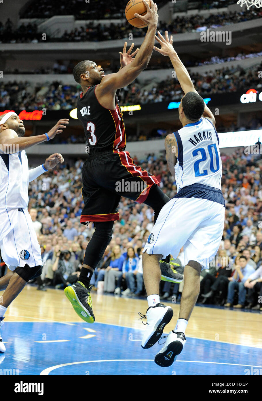 Dallas, TX, USA . 18th Feb, 2014. Miami Heat shooting guard Dwyane Wade #3 during an NBA game between the Miami Heat and the Dallas Mavericks at the American Airlines Center in Dallas, TX Miami defeated Dallas 117-106 Credit:  Cal Sport Media/Alamy Live News Stock Photo