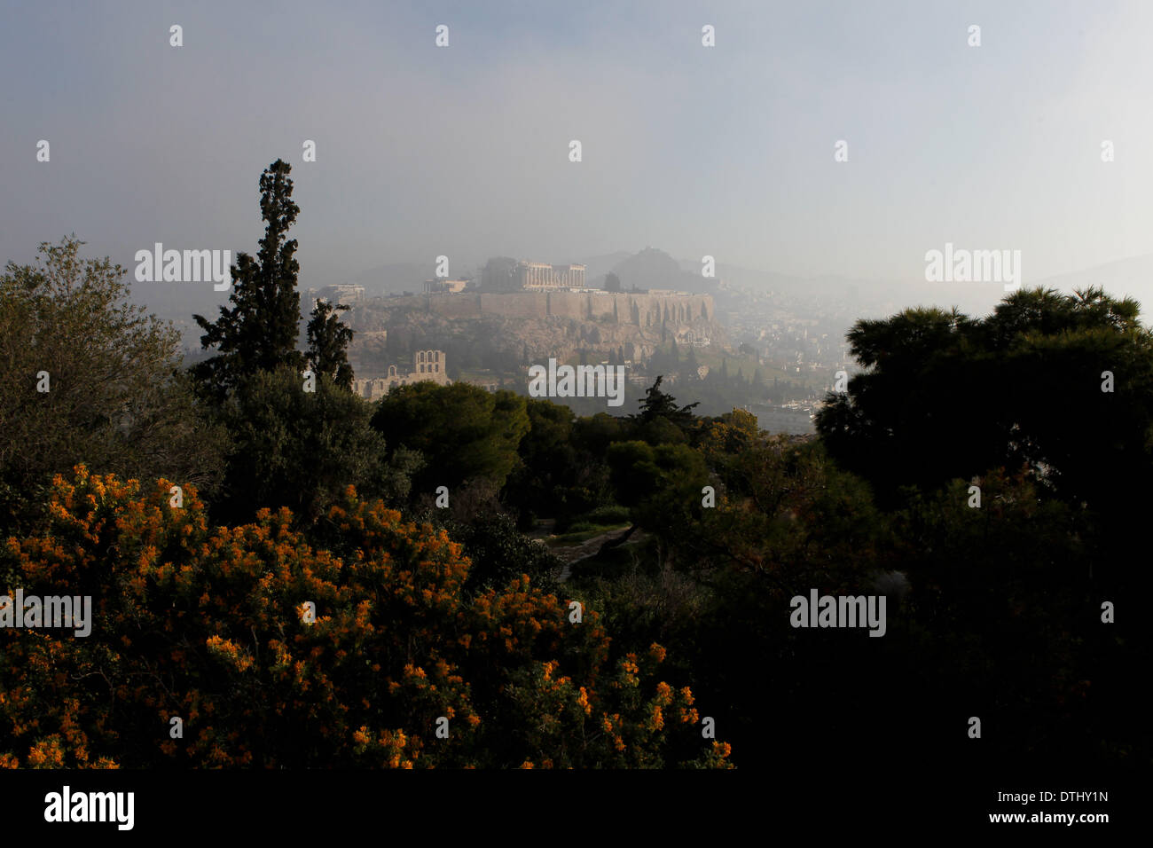Athens, Greece. 19th Feb, 2014. Due to high levels of humidity thick fog covered Athens and the