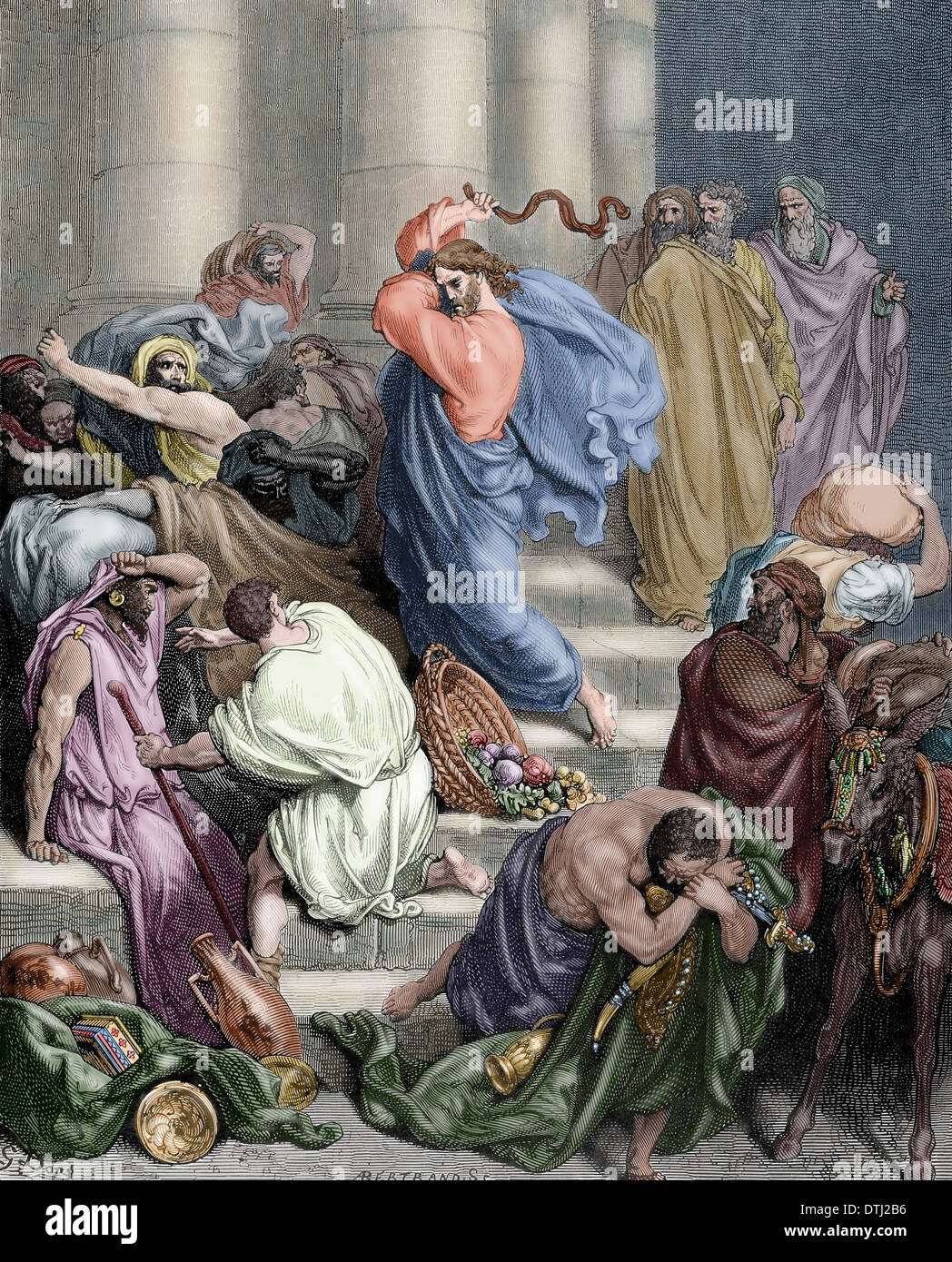 New Testament. Gospel of Mark. Chapter XI. Jesus drives the merchants from the Temple. Engraving. Colored. Stock Photo