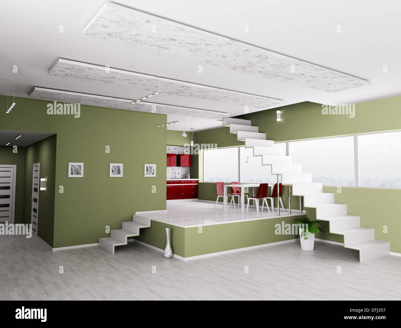 Interior of modern apartment hall kitchen 3d render Stock Photo - Alamy