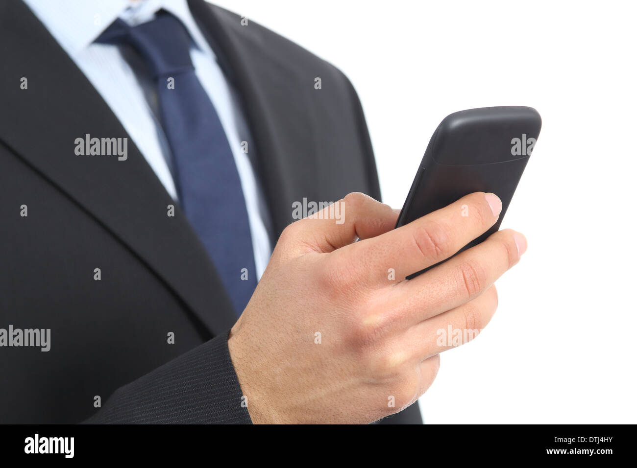 Close up of a business man hand holding and using a smart phone isolated on a white background Stock Photo