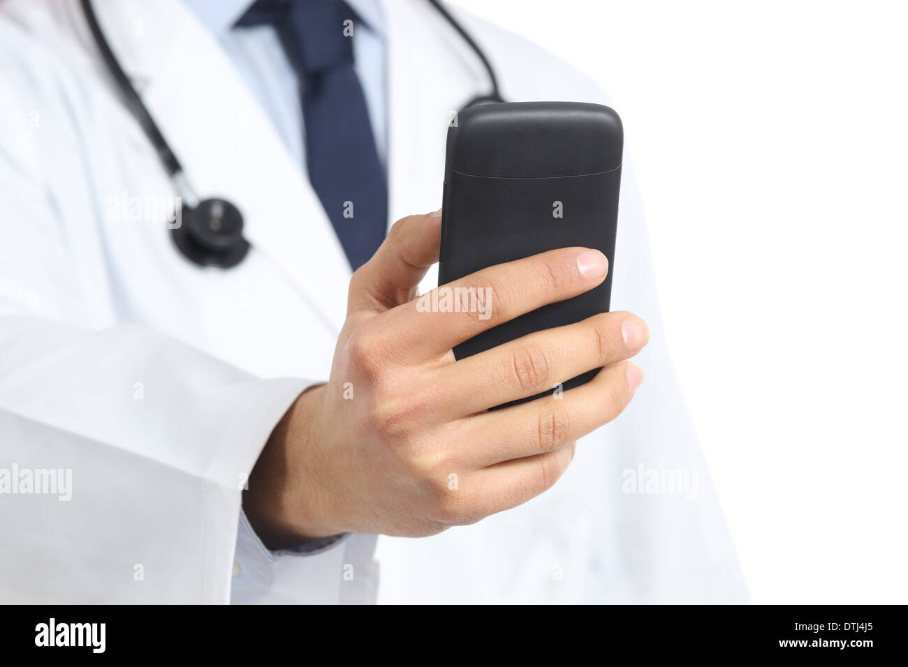 Close up of a doctor man hand holding and using a smart phone isolated on a white background Stock Photo