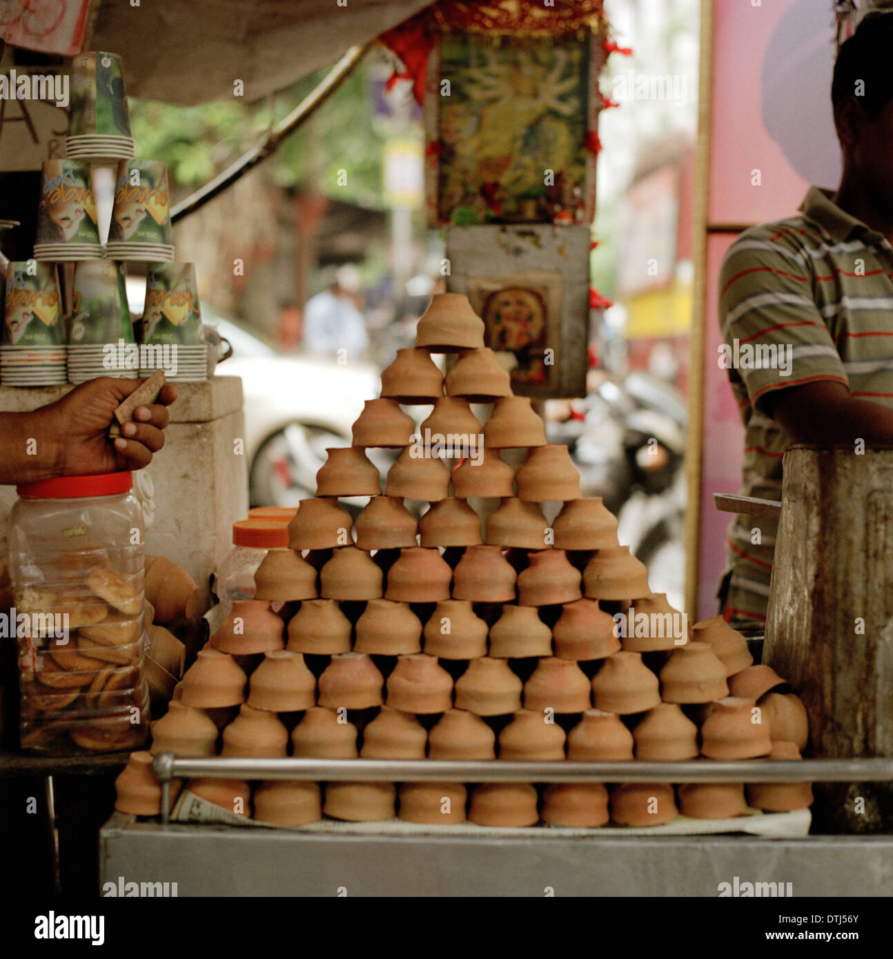 Clay tea cups in Kolkata Calcutta in West Bengal in India in South Asia. Still Life Street Shop
