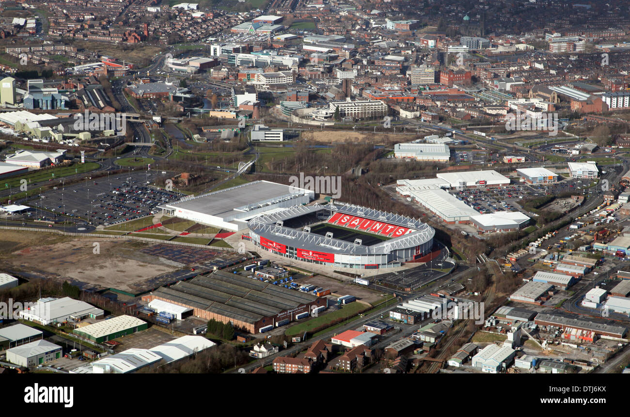 aerial view of St Helens with Langtree Park the rugby league ground prominent Stock Photo