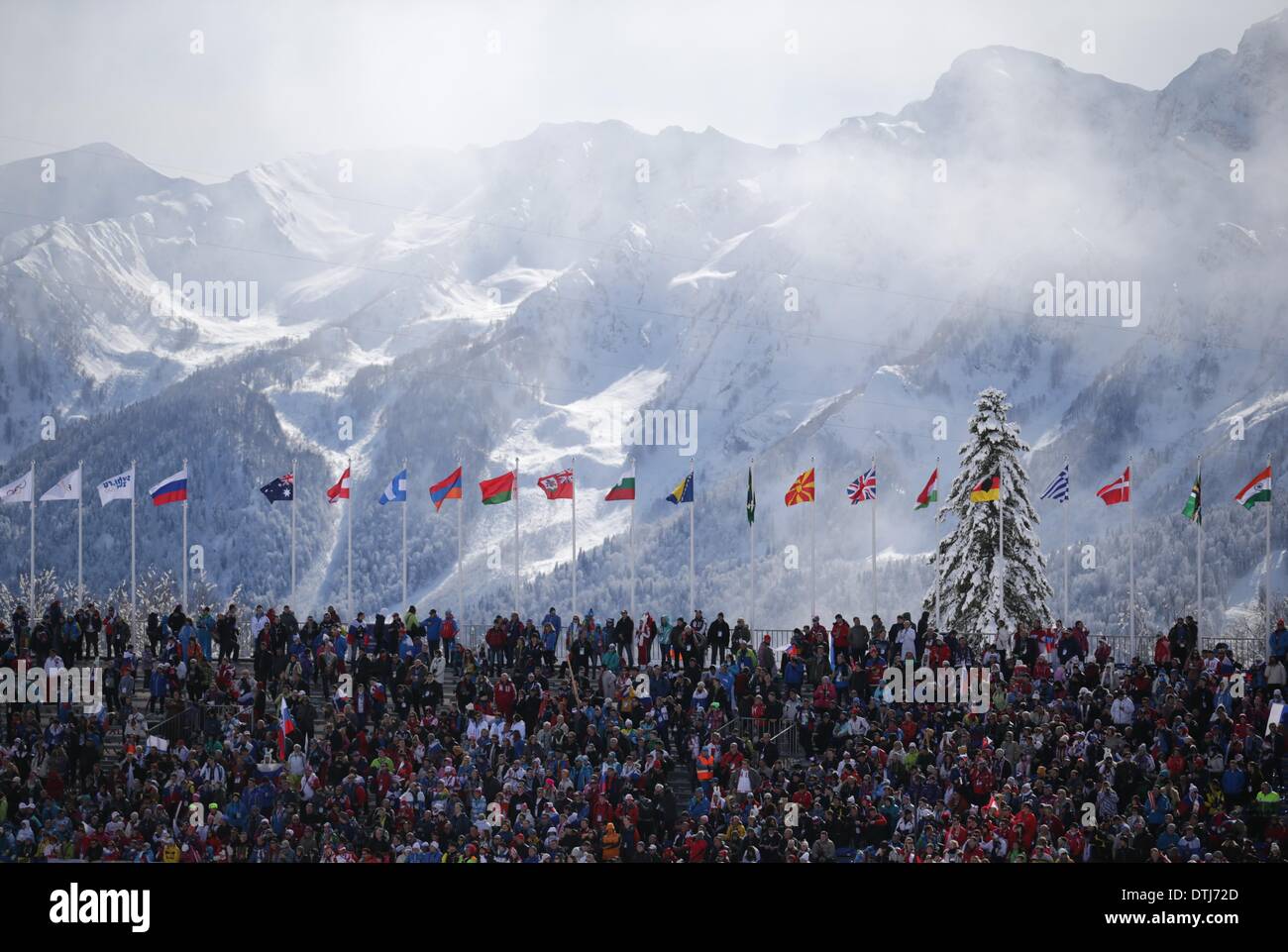 Sochi, Russia. 19th Feb, 2014. Spectators in the stand prior to the Team Sprint Classic of the Cross Country event at Laura Cross-country Ski & Biathlon Center at the Sochi 2014 Olympic Games, Krasnaya Polyana, Russia, 19 February 2014. Credit:  dpa picture alliance/Alamy Live News Stock Photo