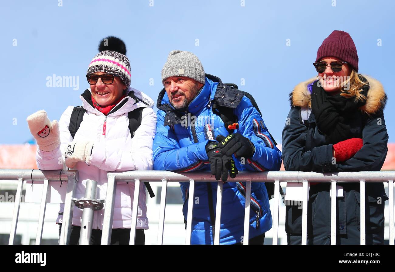 Krasnaya Polyana, Russia. 19th Feb, 2014. Former alpine skier and parents of Felix Neureuther from Germany, Rosi Mittermaier and Christian Neureuther, and his sister Amelie seen in the stands during the Men's Giant Slalom Alpine Skiing event in Rosa Khutor Alpine Center at the Sochi 2014 Olympic Games, Krasnaya Polyana, Russia, 19 February 2014 Credit: © dpa picture alliance/Alamy Live News  Stock Photo