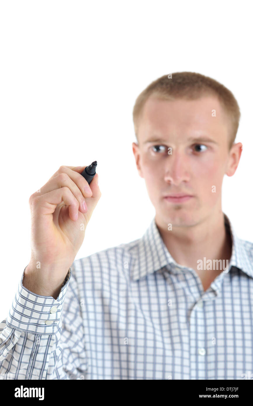 handsome young business man touching screen isolated Stock Photo