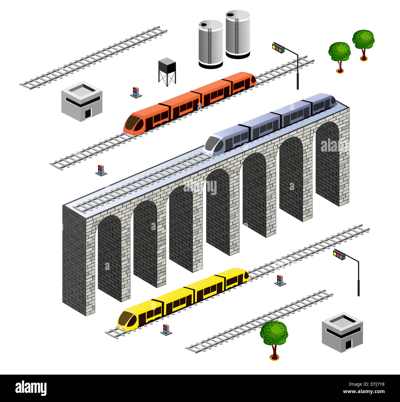 A set of vector elements isometric Railroad with train Stock Photo - Alamy