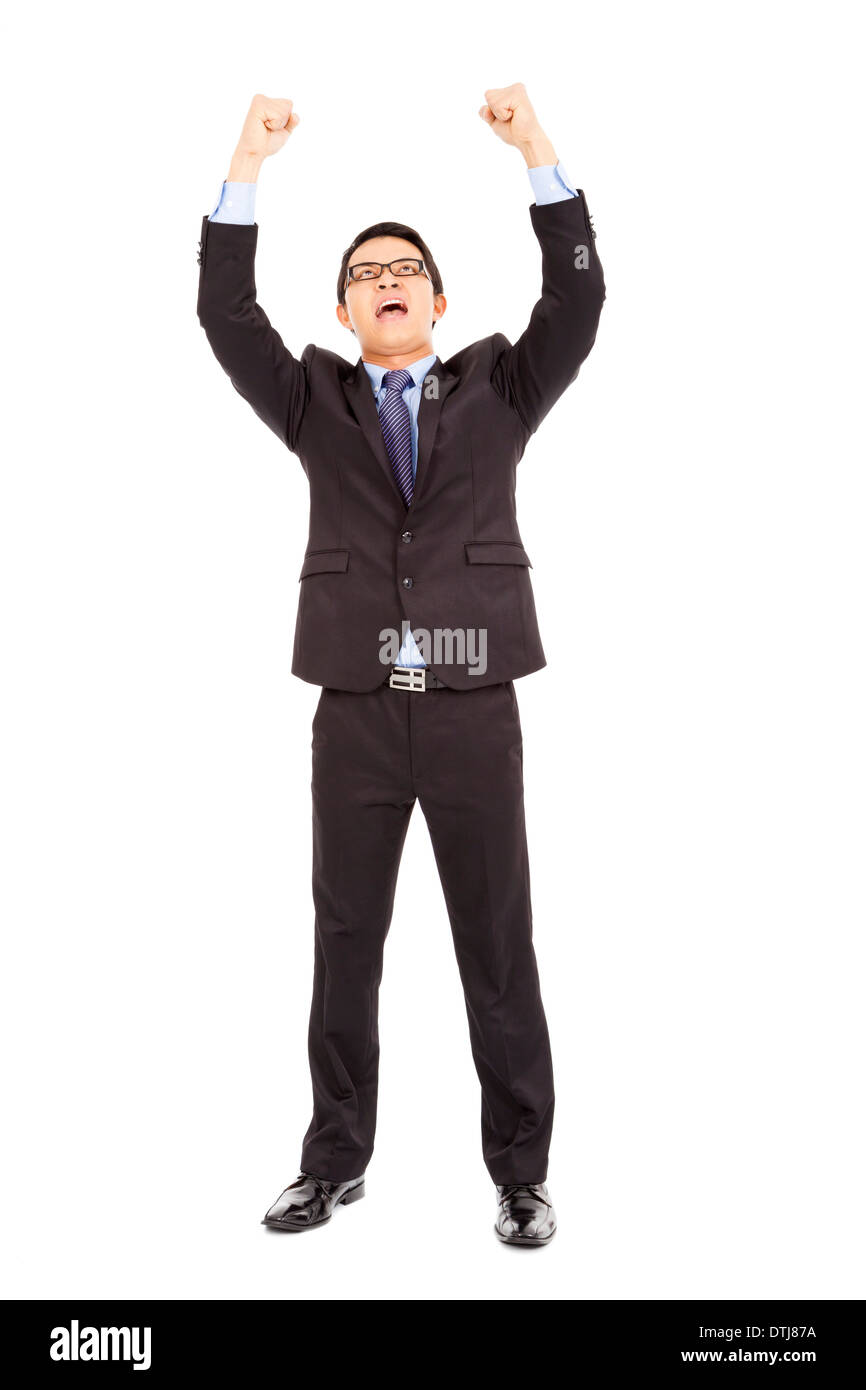 success businessman raised up and shout loudly Stock Photo