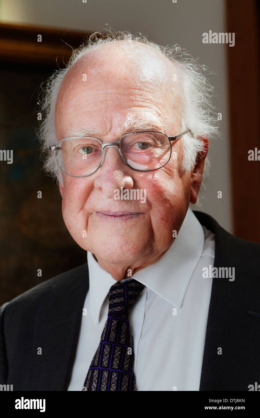 Nobel prize winner Professor Peter Higgs, who theorized the existence of the subatomic particle named the Higgs Boson Stock Photo