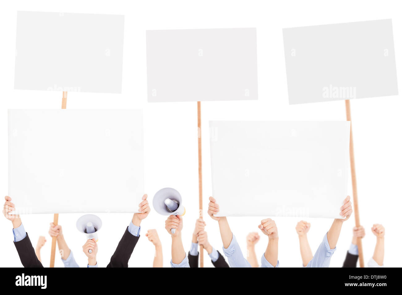 furious people protesting with board and megaphone with white board Stock Photo