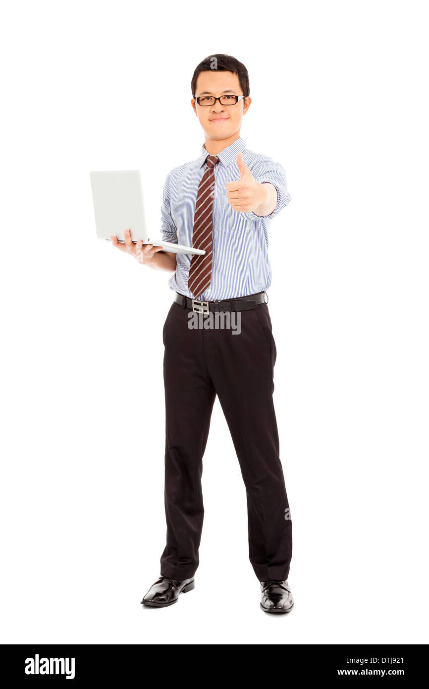 computer engineer is  standing and thumb up over white background Stock Photo