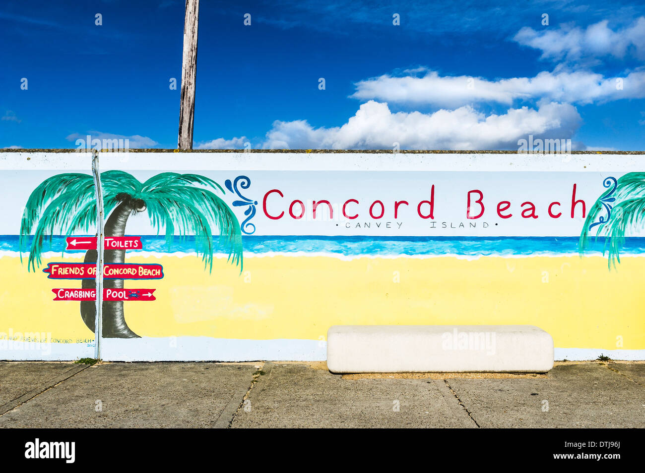 Canvey Island - A colourful mural painted on the sea wall flood defence at Concord Beach on Canvey Island in Essex. Stock Photo