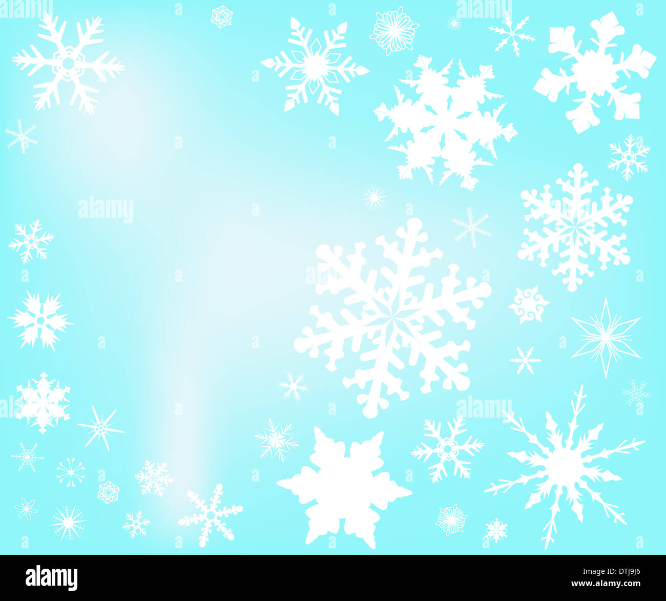 A backdrop of falling snowflakes against a light blue sky background ...