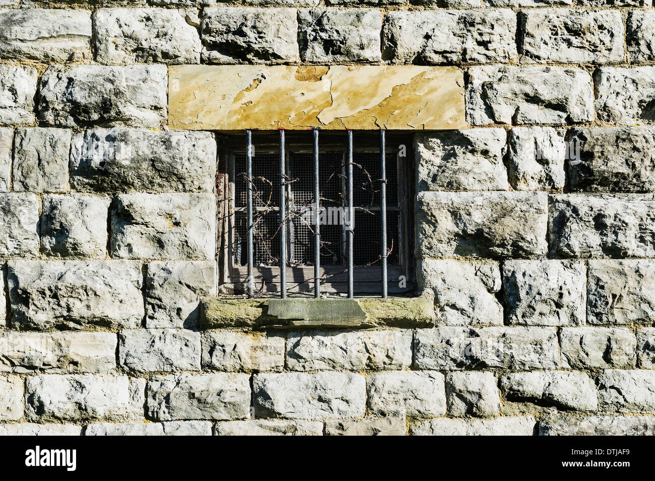 A window protected by iron bars and barbed wire. Stock Photo