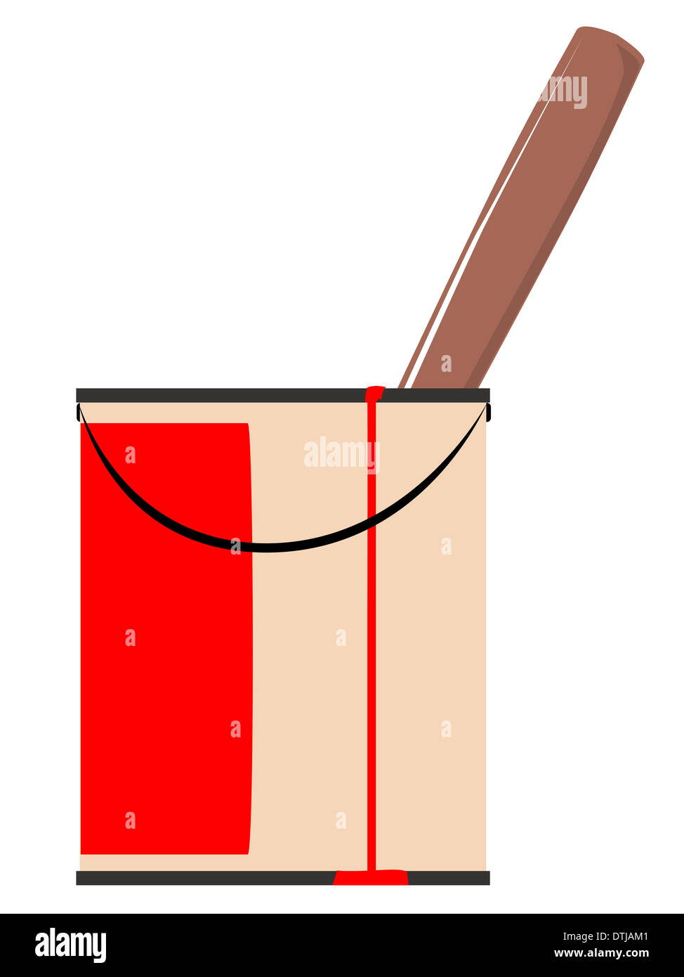 A tin of red paint with a run and drip mark down the side of the tin