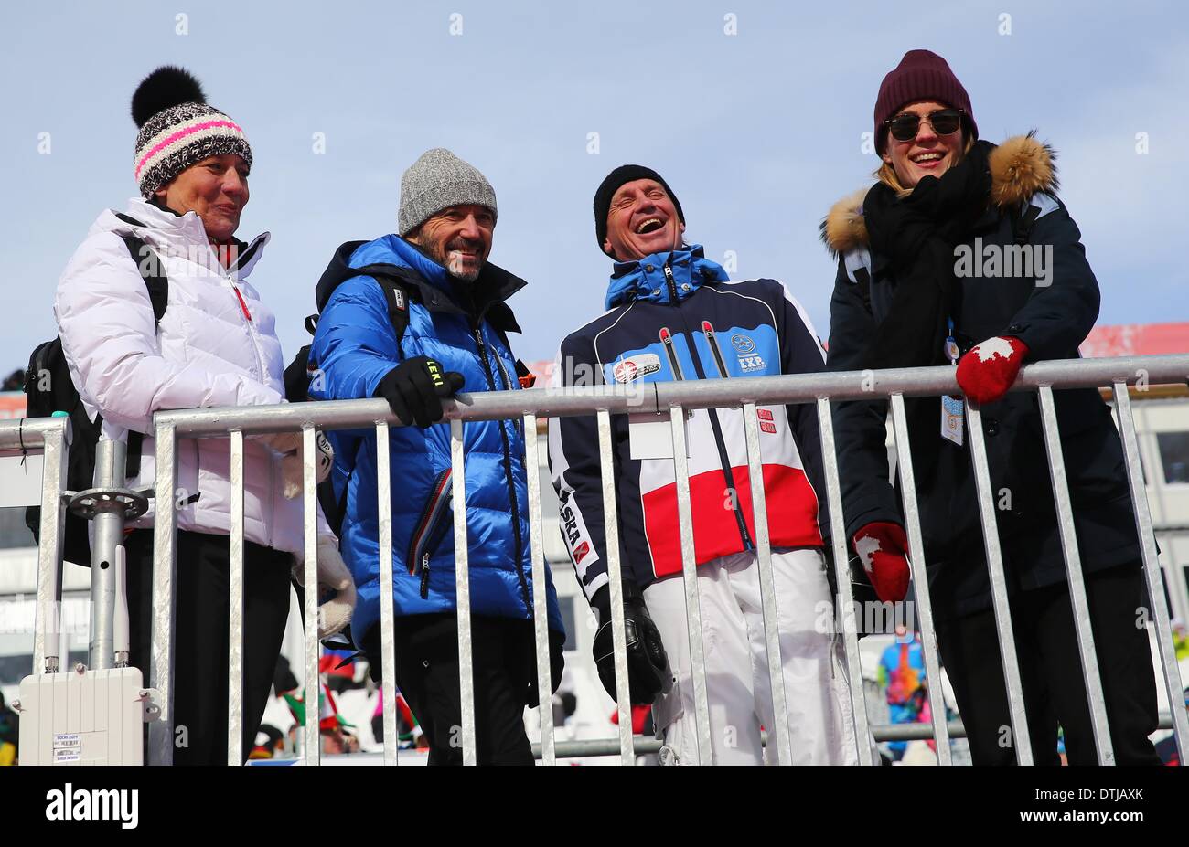 Krasnaya Polyana, Russia. 19th Feb, 2014. (L-R) Former alpine skier and parents of Felix Neureuther from Germany, Rosi Mittermaier and Christian Neureuther, Former alpine skier Markus Wasmeier of Germany and Felix Neureuther's sister Amelie seen in the stands during the Men's Giant Slalom Alpine Skiing event in Rosa Khutor Alpine Center at the Sochi 2014 Olympic Games, Krasnaya Polyana, Russia, 19 February 2014. Photo: Michael Kappeler/dpa/Alamy Live News  Stock Photo