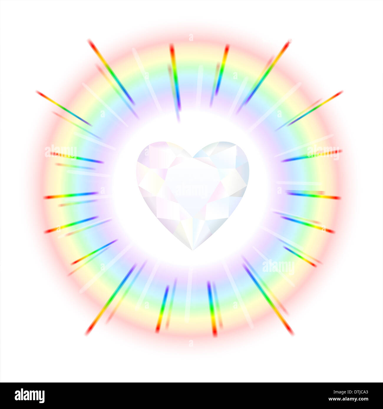 Finely polished crystal in the shape of a heart with rainbow colored beams. Stock Photo