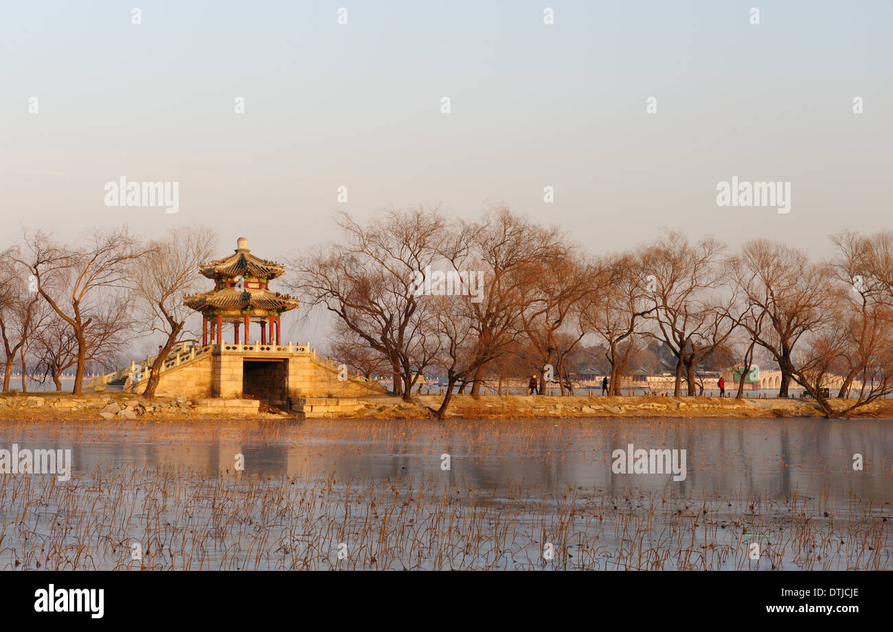 Small bridge and pavilion at the Summer Palace in Beijing. China Stock Photo