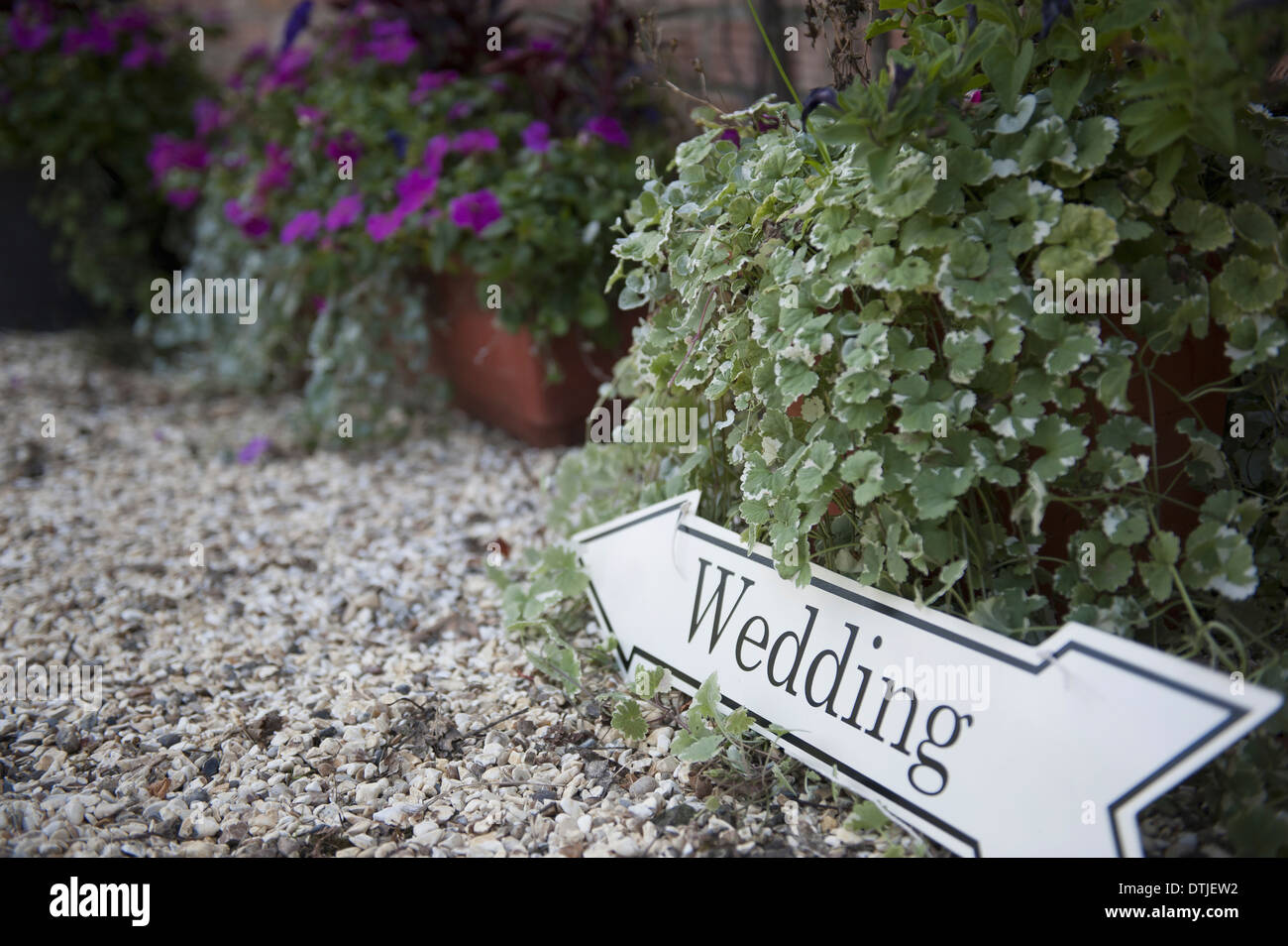 Directional sign to a wedding on a gravel path England Stock Photo