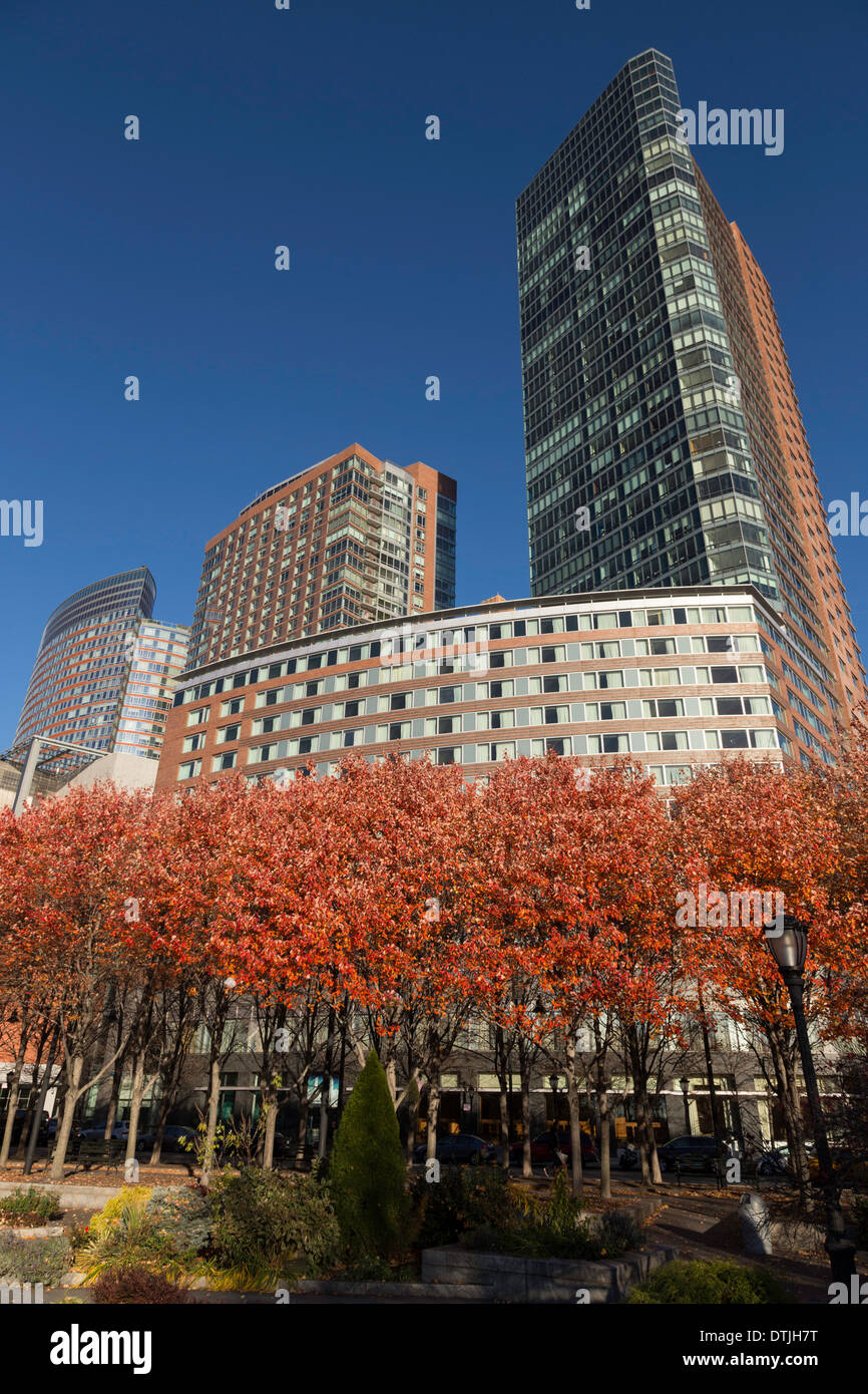 Battery Park City Architecture with Bright Orange Foliage, NYC Stock Photo