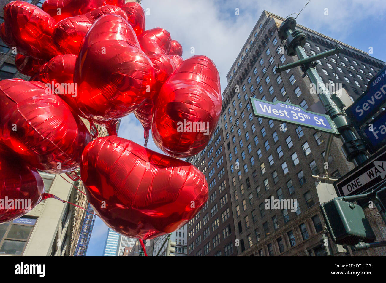 Heart balloons in the Garment Center in New York on Valentine's Day