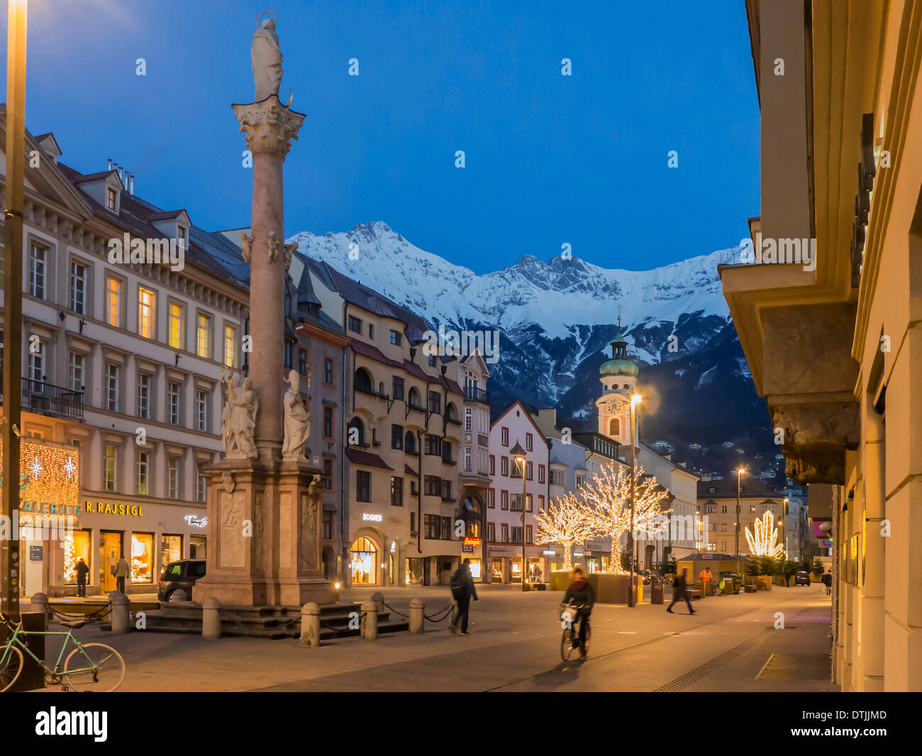 Anna-Column and Spital Church  on Maria-Theresien-st with Christmas illumination,  Karwendel mountain range, Innsbruck, Tirol, A Stock Photo
