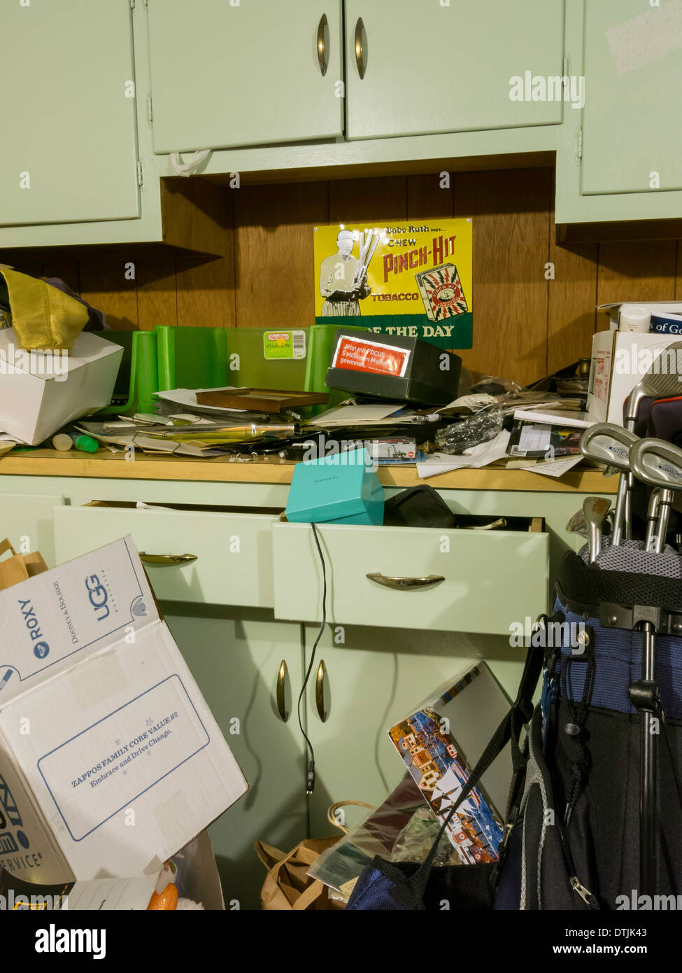 Messy  Home Cabinet with Open Drawers, USA Stock Photo