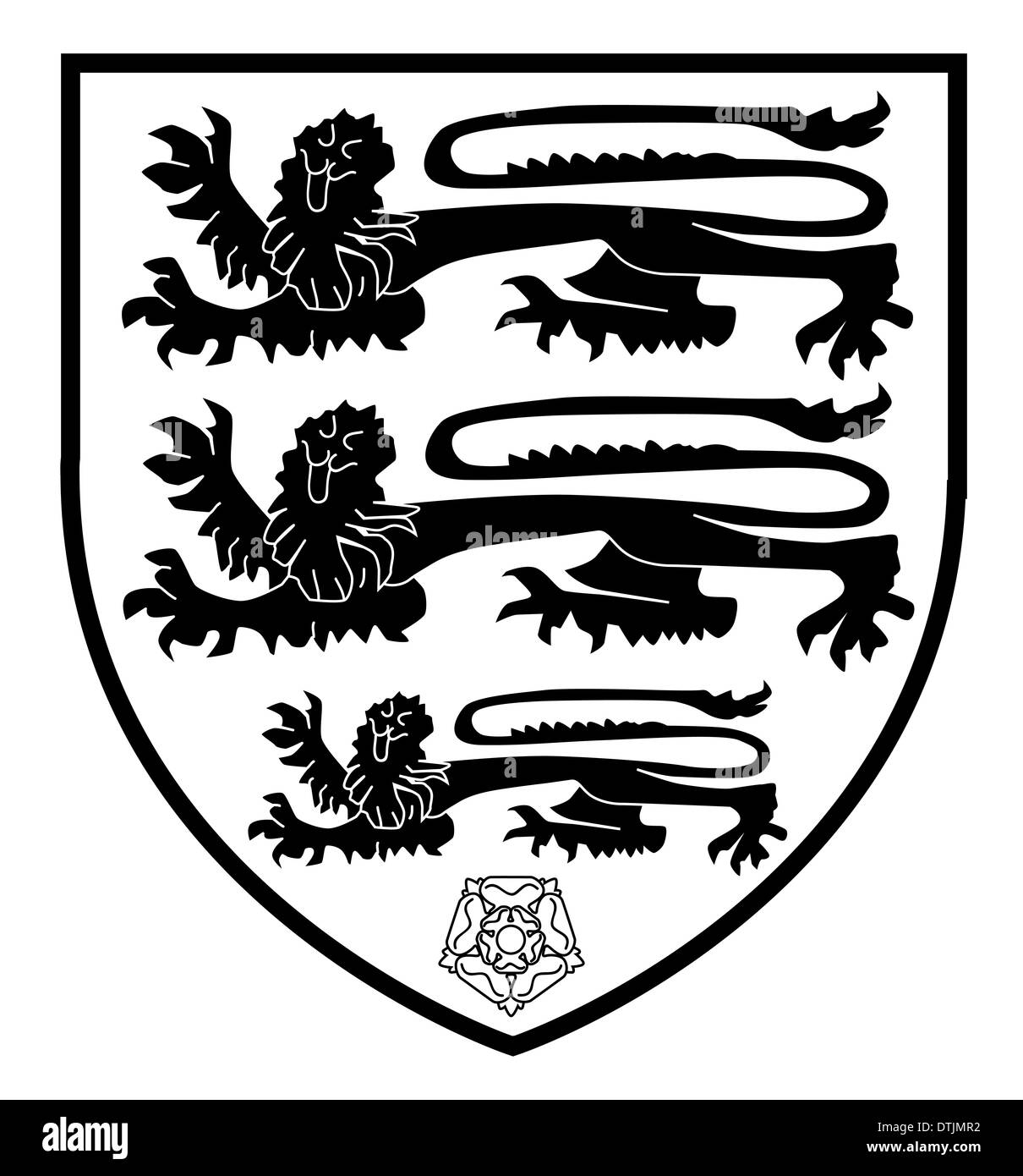 The traditional three lions British shield with the red and white rose - black and white. Stock Photo