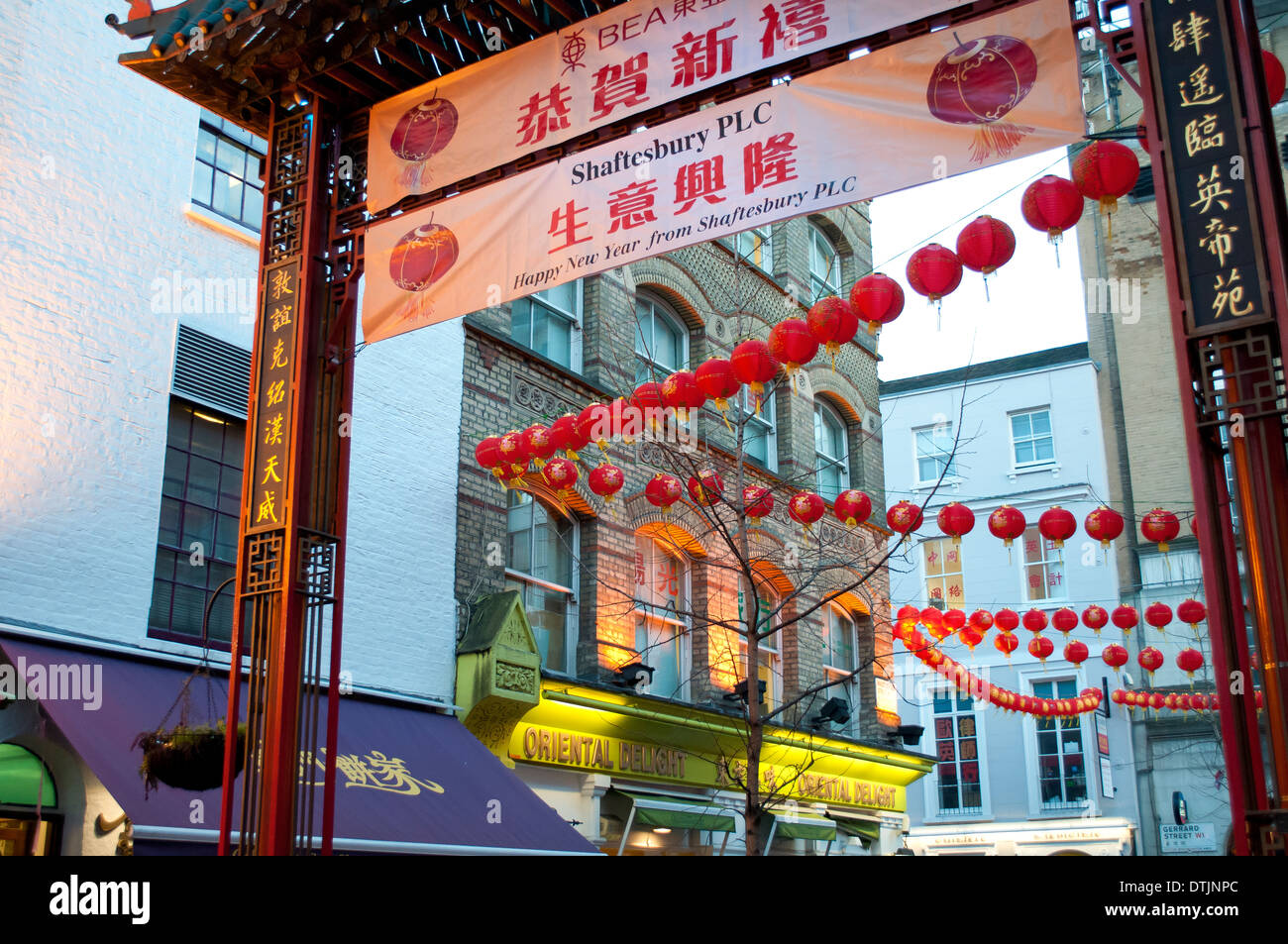 Chinese New Year decorations in Chinatown, Soho, London, WC2, UK Stock Photo