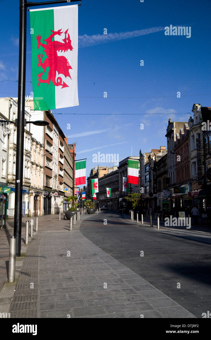 Flags on St Mary Street, Cardiff, Wales. Stock Photo