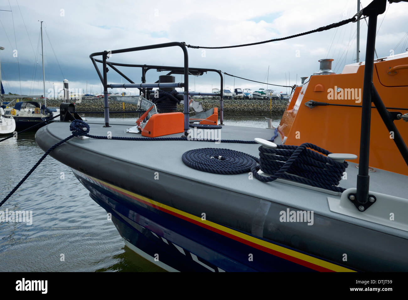 RNLI : bow of new  Tamar Clcass Porthdinllean lifeboat moored on a pontoon at Pwllhelii Marian Stock Photo