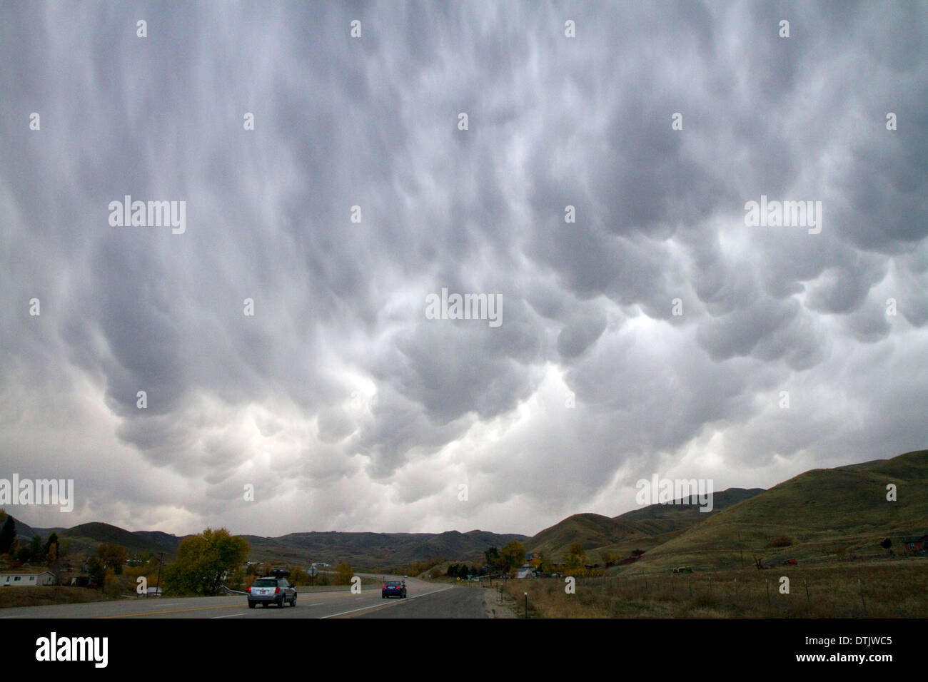 Mammatus clouds telling of an extreme weather system near Horseshoe Bend, Idaho, USA. Stock Photo