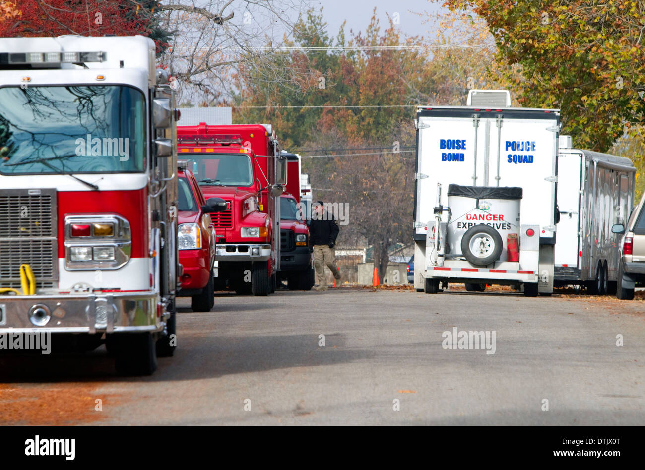 Fire engines and bomb units at the scene of an explosive materials incident in Boise, Idaho, USA. Stock Photo