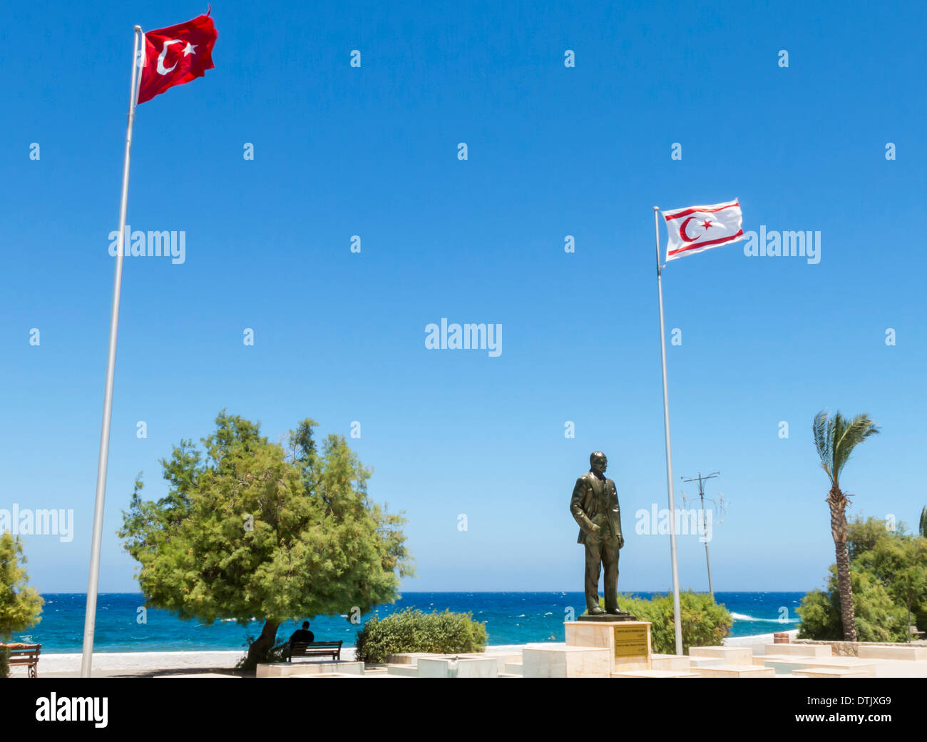 Statue of Mustafa Kemel Ataturk with Turkish and Cypriot Flags in Kyrenia Northern Cyprus Stock Photo