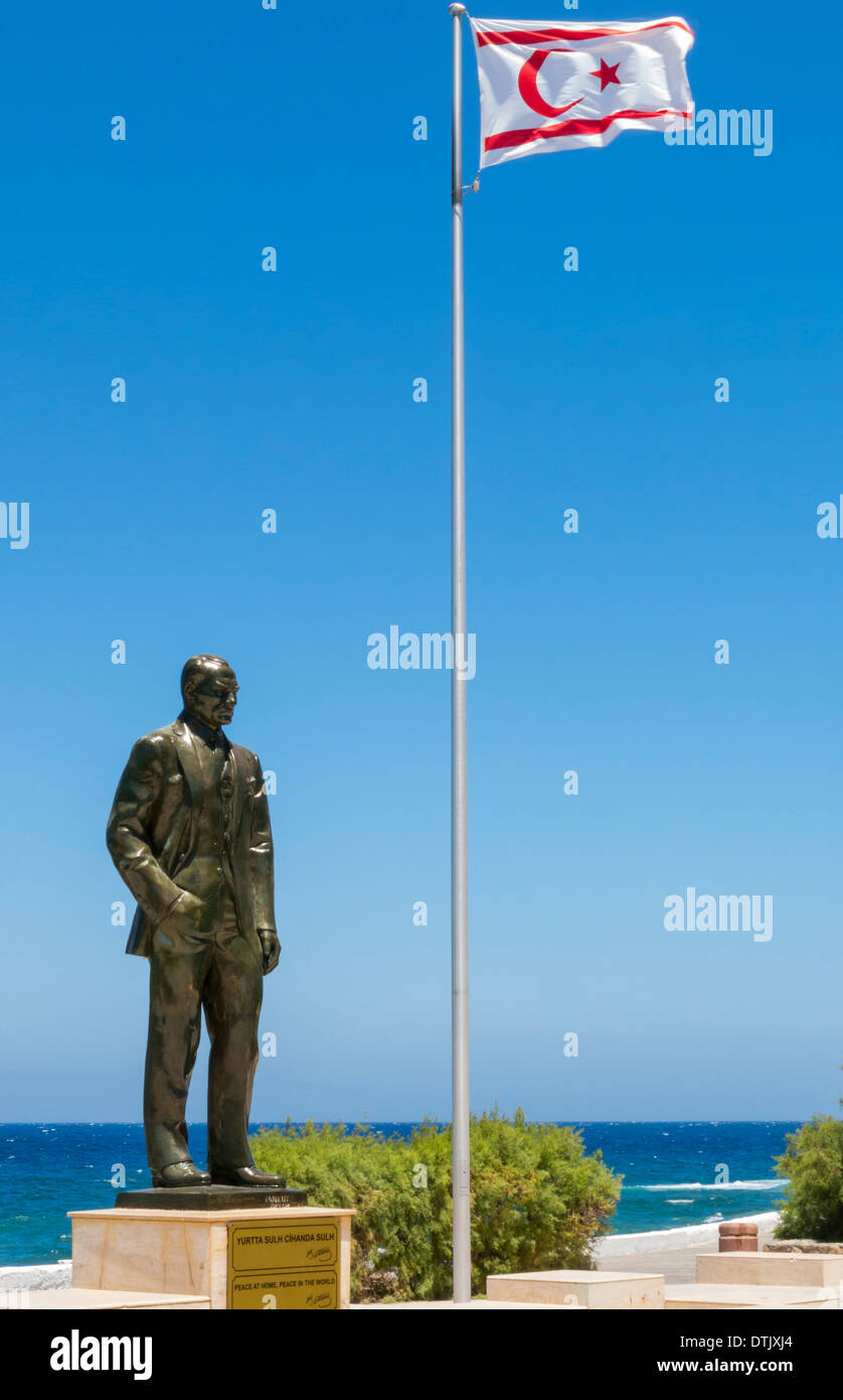 Statue of Mustafa Kemel Ataturk with Cypriot Flag in Kyrenia Northern Cyprus Stock Photo