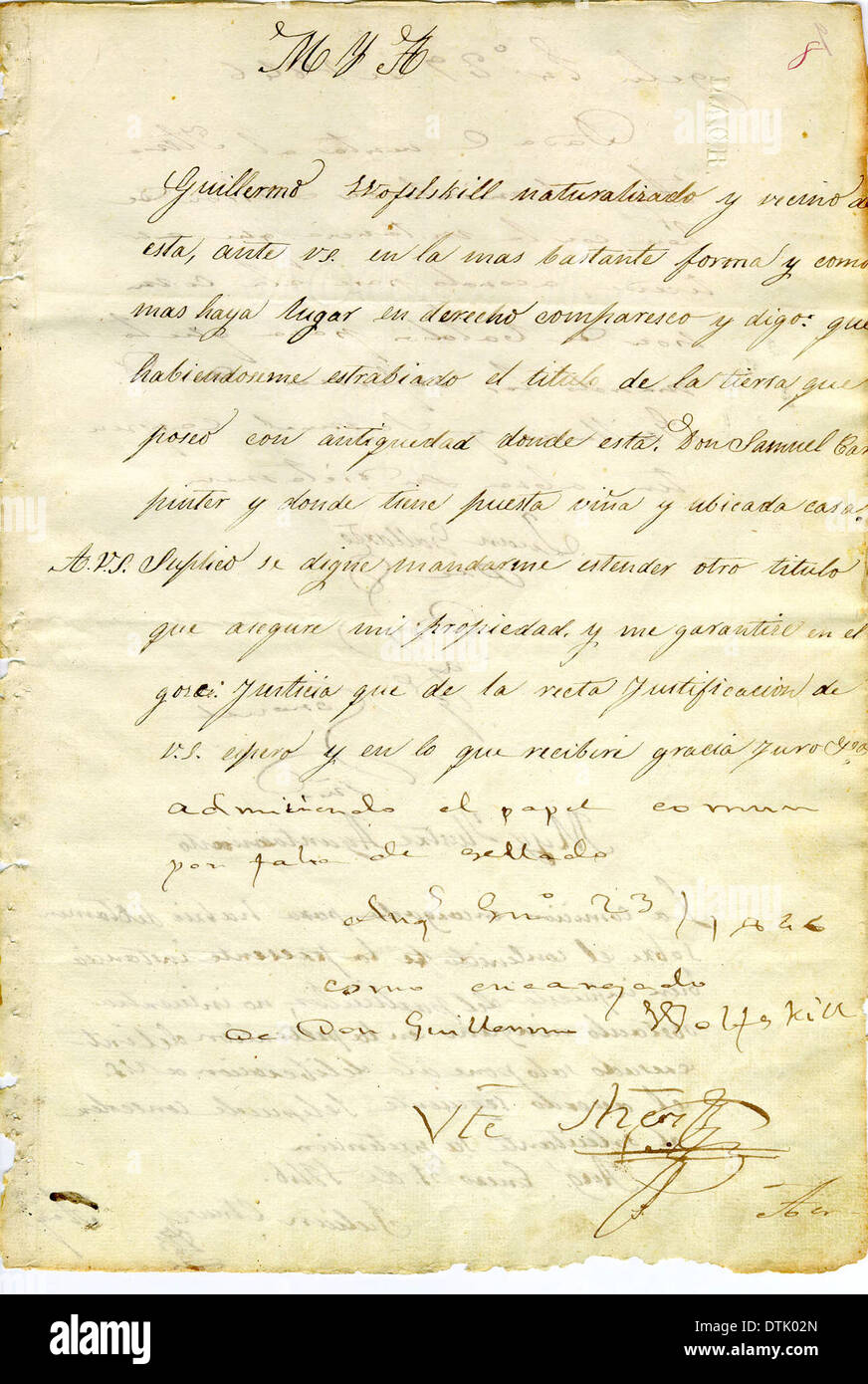 A petition by Guillermo Wolfskill in 1846 to replace a lost deed for ...