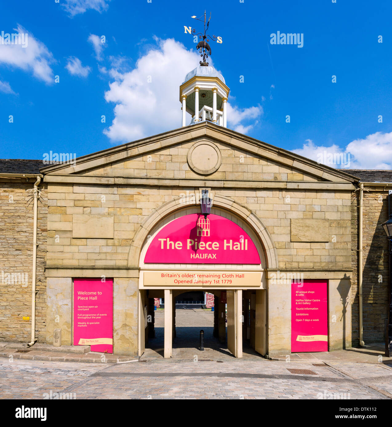 Entrance to the historic 18thC Piece Hall in the centre of Halifax, West Yorkshire, England, UK Stock Photo