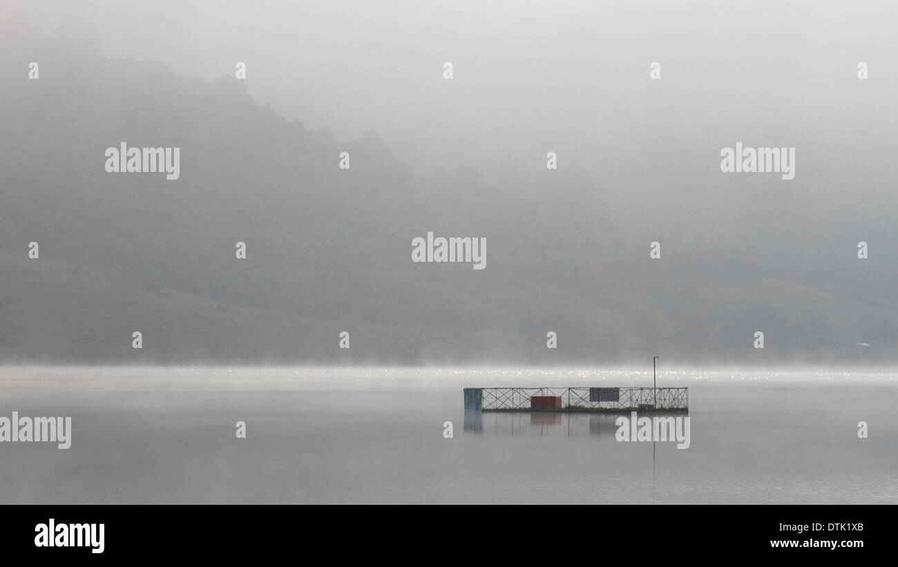 Morning mist and sunshine on Bezid Lake, in Transylvania, Romania Stock Photo