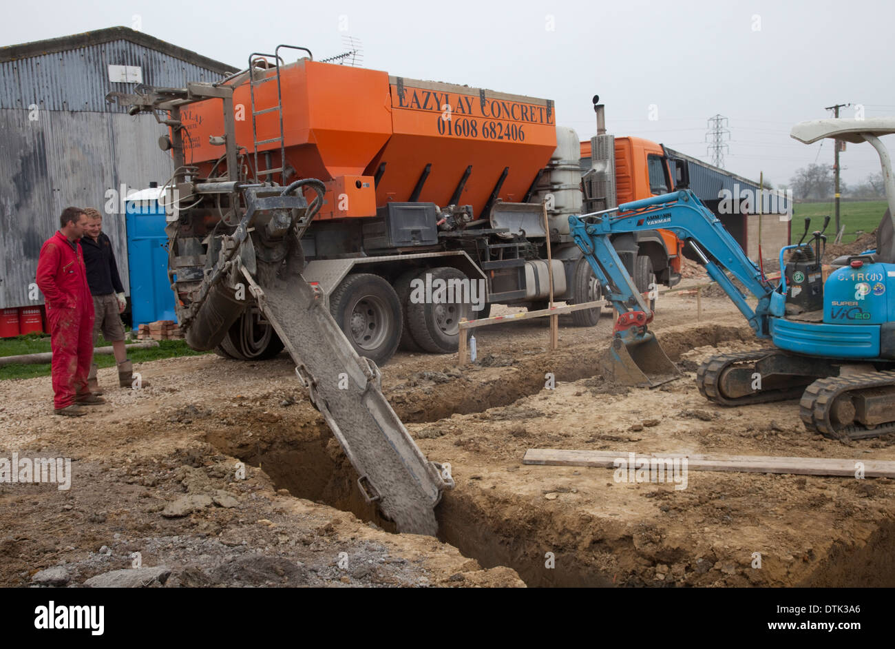 EasyLay concrete lorry pouring concrete into newly dug footings UK Stock Photo