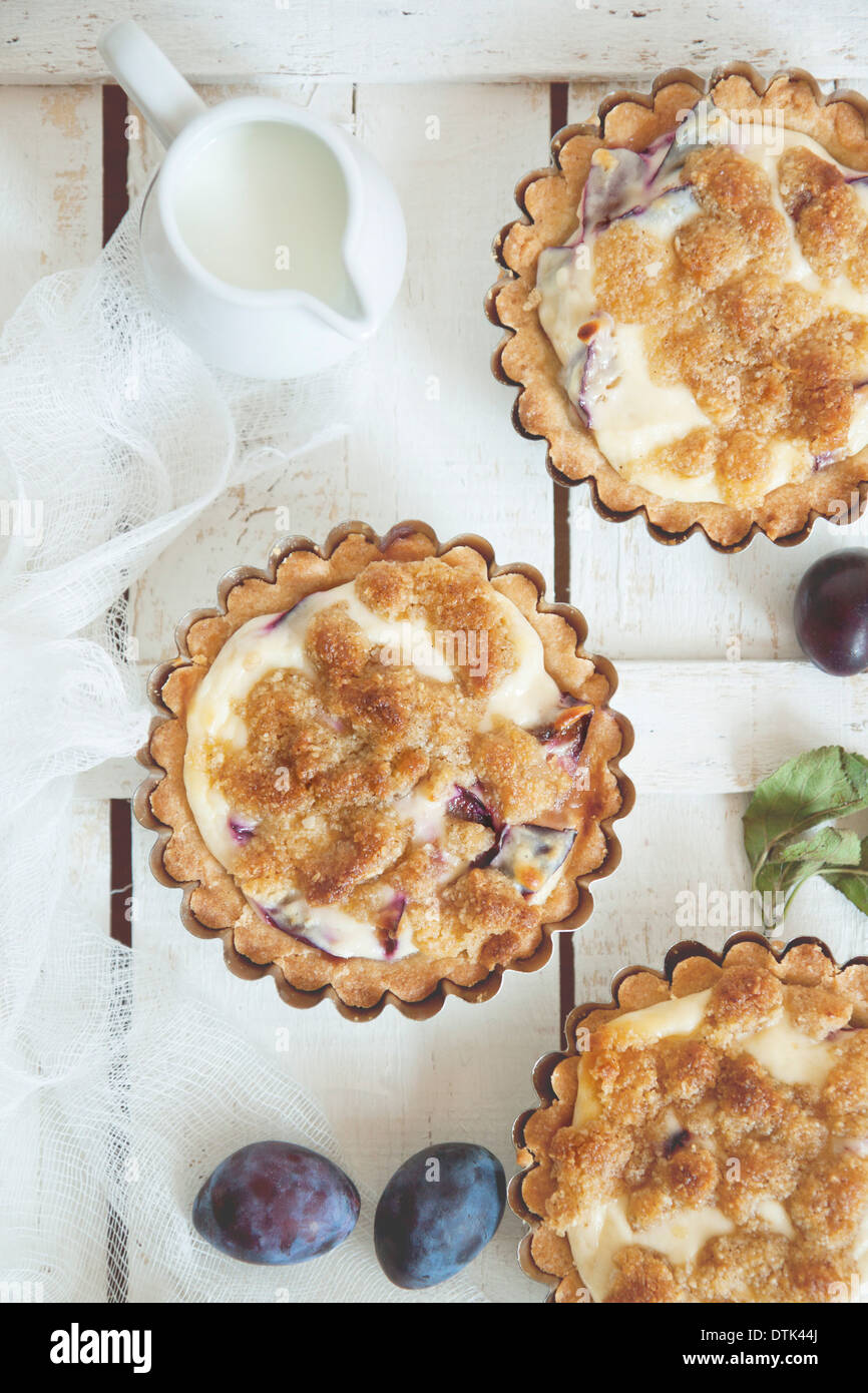 Top view of delicious little pastry tarts with fresh plums. Stock Photo